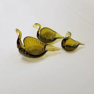 Vintage Trio of Hand Blown Olive Glass Swans nesting